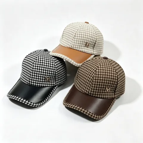 Berretto da Baseball Donna Motivo Pied De Poule Con Visiera In Pelle PU Lettera M In Metallo Moda Retrò Stile Britannico Cappello Autunno Inverno