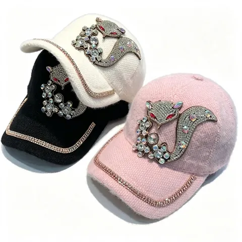 Women's Luxury Furry Chenille Baseball Cap Rhinestone Fox Pattern Winter Warm Adjustable Fashion Rhinestone Brim Sun Hat