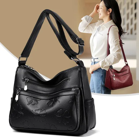 Sac Bandoulière Mode en Cuir de Vachette pour Femmes Relief Trèfle Multi-Fermeture Éclair Petit Sac Carré Décontracté Besace en Cuir