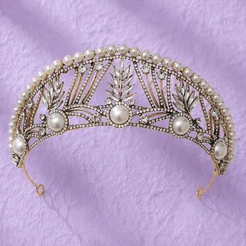 Vintage Palace Pearl Crown Tiara Baroque Style Wedding Party Elegant Headpiece Antique Gold Alloy Rhinestone Hair Accessories