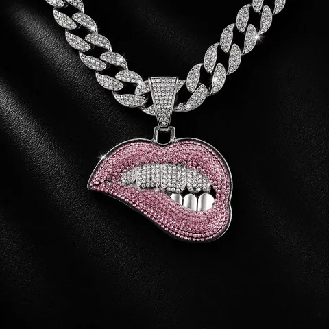 Hip Hop Gepersonaliseerde Strass Rode Lippen Hanger Cubaanse Ketting Voor Mannen Vrouwen Legering Iced Out Sexy Mond Sieraden
