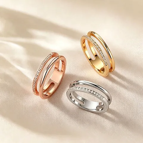 Minimalist Titanium Steel Hollow Double Layer Ring For Women Micro Pave Zirconia Geometric Fashion Jewelry Finger Ring