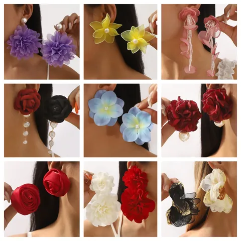 Pendientes de Flores de Gasa Dulce de Verano para Mujer Pendientes Colgantes Florales de Gran Tamaño Con Perlas Artificiales