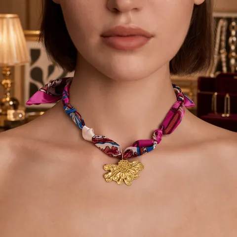 Bohemian Stainless Steel Scarf Necklace With 18K Gold Plated Metal Pendant Satin Silk Fabric Choker Necklace For Women Jewelry