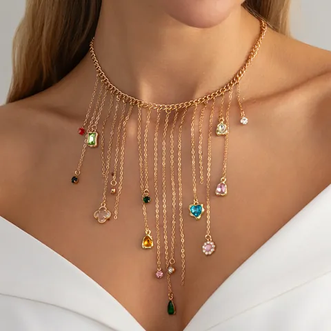 Luxurious Gold Silver Plated Metal Tassel Fringe Necklace For Women Rhinestone Bead Layered Statement Choker Jewelry Gift