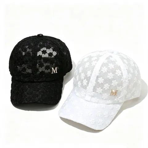 Women Floral Lace Baseball Cap With Rhinestone Letter Metal Logo Elegant Breathable Sun Hat For Travel Daily Casual Wear