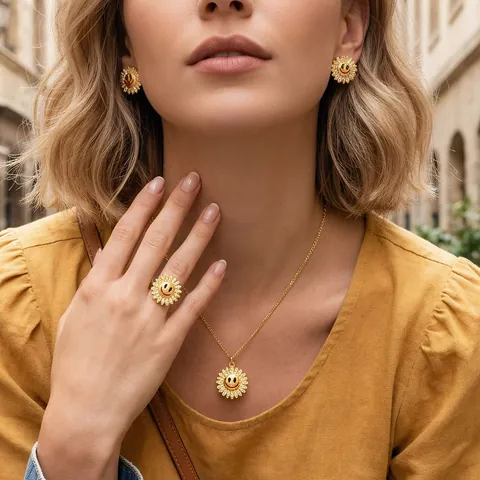 18K Gold Plated Copper Sunflower Smiley Face Pendant Necklace With Zirconia For Women Dainty Floral Figaro Chain Jewelry