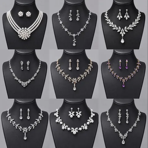 Braut Legierung Strass Künstliche Perle Schmuckset Blume Wassertropfen Halskette Ohrringe Set Für Hochzeit Bankett Damen Schmuck