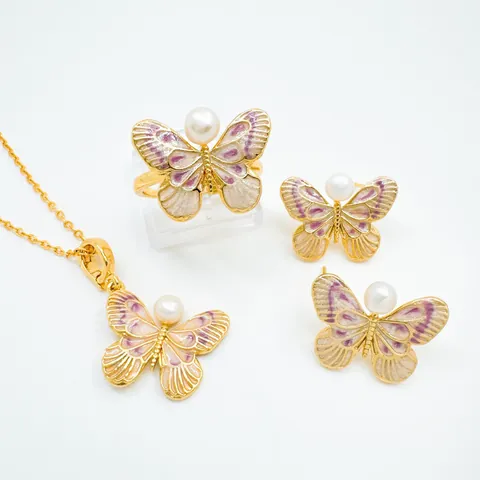 Koperen Vlinder Sieradencollectie Met Kunstparel Emaille Hanger Ketting Oorknopjes Open Ring Voor Dames Feest