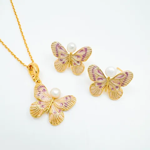 Koperen Vlinder Sieradencollectie Met Kunstparel Emaille Hanger Ketting Oorknopjes Open Ring Voor Dames Feest