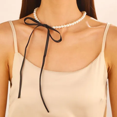 Vintage Palace Artificial Pearl Necklace With Black Satin Ribbon Bowknot Elegant Tassel Choker For Women Banquet Jewelry