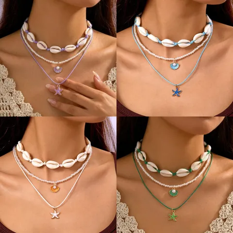 Böhmisches Mehrlagiges Halsketten Set Für Damen Ozean Thema Legierung Kunstperle Naturmuschel Seestern Strand Schmuck