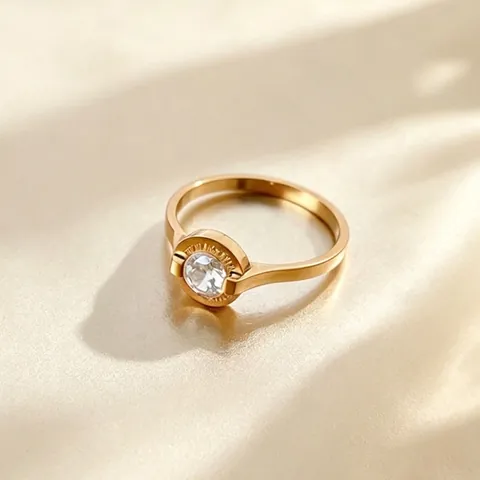 Minimalist Rose Gold Titanium Steel Ring For Women Round Zirconia Roman Numeral Inlaid Light Luxury Fashion Finger Ring