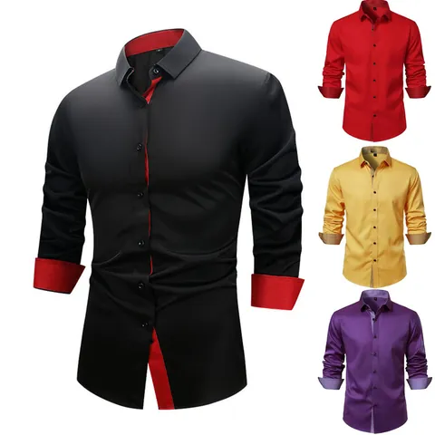 Men Business Formal Long Sleeve Shirt Elastic Contrast Collar Contrast Cuffs Slim Fit Button Down Shirt Daily Office Top