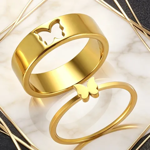 Minimalist 18K Gold Plated Stainless Steel Hollow Heart Butterfly Ring And Band For Women Couple Fashion Jewelry