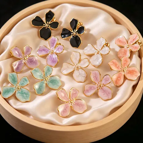 Vintage Stainless Steel Cherry Blossom Enamel Flower Stud Earrings For Women Gold Plated Elegant Floral Drip Glaze Ear Jewelry