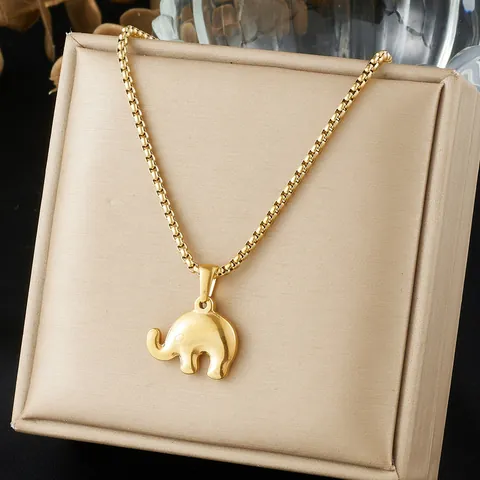 Vintage Gold Plated 304 Stainless Steel Elephant Pendant Necklace Minimalist Lucky Animal Charm Box Chain Jewelry For Women