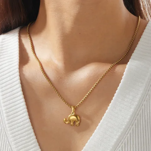 Vintage Gold Plated 304 Stainless Steel Elephant Pendant Necklace Minimalist Lucky Animal Charm Box Chain Jewelry For Women