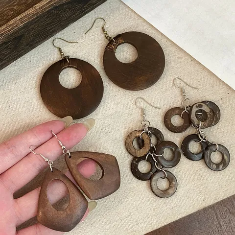 Bohemian Ethnic Geometric Coconut Shell Wood Ring Dangle Earrings Retro Handmade Wooden Drop Earrings Fashion Jewelry For Women
