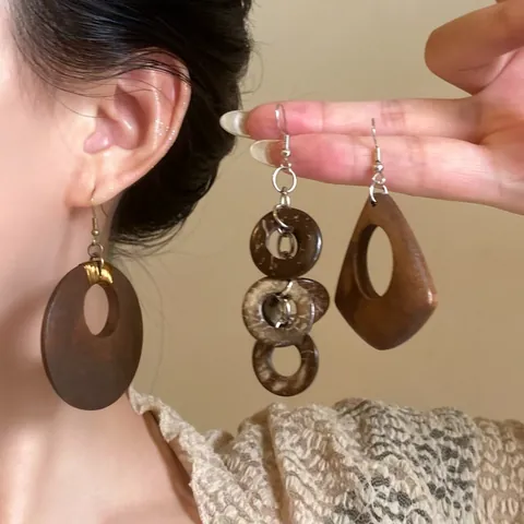 Bohemian Ethnic Geometric Coconut Shell Wood Ring Dangle Earrings Retro Handmade Wooden Drop Earrings Fashion Jewelry For Women