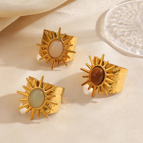Edelstahl Sonne Gehämmerter Offener Ring Damen Vintage Vergoldet Tigerauge Geometrischer Verstellbarer Edelstein Fingerring