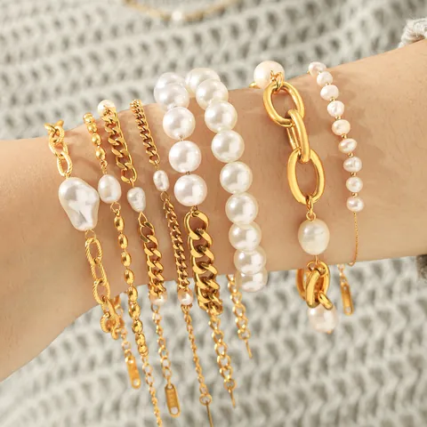 European Ins Style Stainless Steel Freshwater Pearl Splicing Bracelet For Women Gold Plated Fashion Jewelry Daily Gift