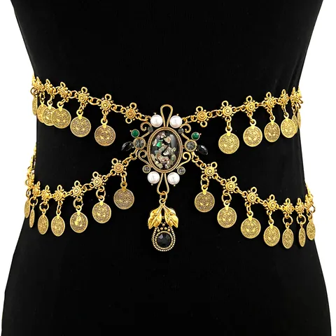 Vintage Ethnic Double Layer Coin Waist Chain For Women Alloy Shell Artificial Pearl Pendant Belly Dance Dress Accessory