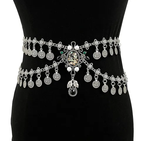 Vintage Ethnic Double Layer Coin Waist Chain For Women Alloy Shell Artificial Pearl Pendant Belly Dance Dress Accessory