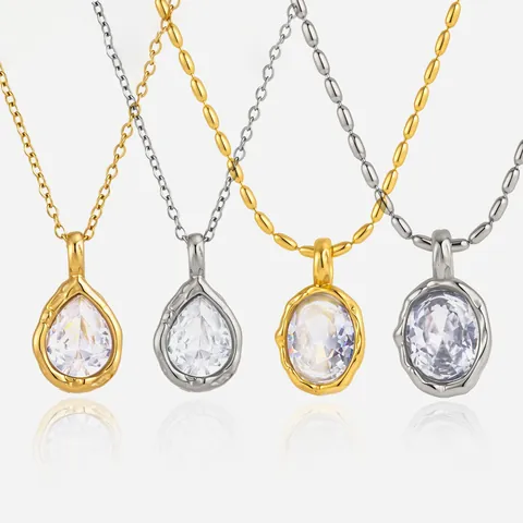 Luxe Roestvrij Staal Zirconia Hanger Halsketting Voor Vrouwen Minimalistisch Gehamerd Metaal Waterdruppel Ovaal Geometrische Sieraden