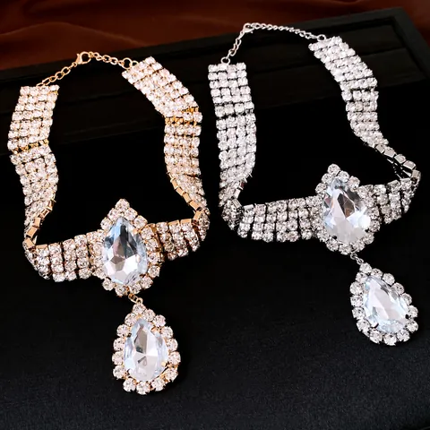Exaggerated Water Drop Pendant Necklace Luxury Rhinestone Statement Choker Iron Copper Neckwear For Women Fashion Party Jewelry