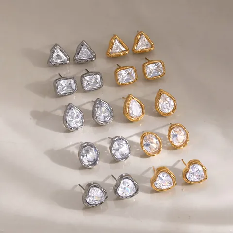 Stainless Steel Zirconia Stud Earrings 18K Gold Plated Geometric Heart Triangle Oval Teardrop Earrings For Women Jewelry