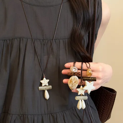 Vintage Ethnic Long Necklace Retro Acrylic Marble Pendant Leather Rope Sweater Chain Boho Geometric Jewelry For Women Gift