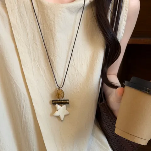 Vintage Ethnic Long Necklace Retro Acrylic Marble Pendant Leather Rope Sweater Chain Boho Geometric Jewelry For Women Gift