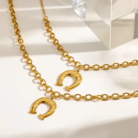 Stainless Steel Horseshoe U-Shape Pendant Jewelry Set 18K Gold Plated Rhinestone Necklace Bracelet Set For Women Fashion