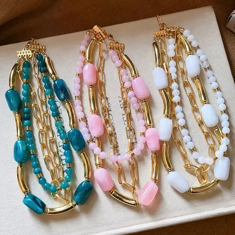 Multilayer Acrylic Bead Necklace For Women Gold Alloy Chain Geometric Pendant Bohemian Fashion Jewelry Layered Choker Necklace