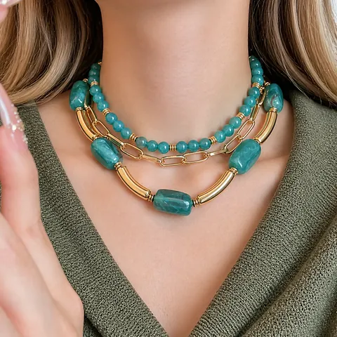 Multilayer Acrylic Bead Necklace For Women Gold Alloy Chain Geometric Pendant Bohemian Fashion Jewelry Layered Choker Necklace