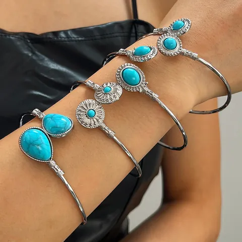 Vintage Ethnic Style Open Bracelet Women Bohemian Geometric Turquoise Inlay Antique Silver Adjustable Cuff Bangle Fashion Hand Jewelry
