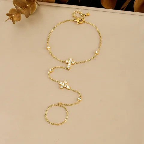 Moda Acero Inoxidable Chapado en Oro Strass Cruz Ring-and-Bracelet Chain Elegante Pulsera de Mano para Mujer Joyería