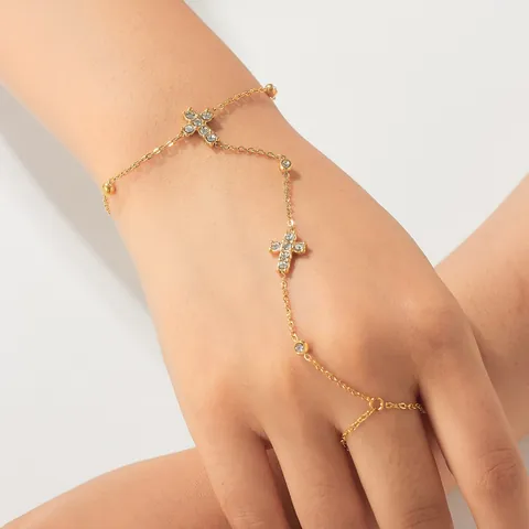 Moda Acero Inoxidable Chapado en Oro Strass Cruz Ring-and-Bracelet Chain Elegante Pulsera de Mano para Mujer Joyería