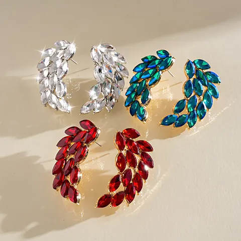 Vintage Alloy Feather Wing Stud Earrings For Women With Silver Earring Post Luxurious Rhinestone Inlaid Marquise Cut Jewelry