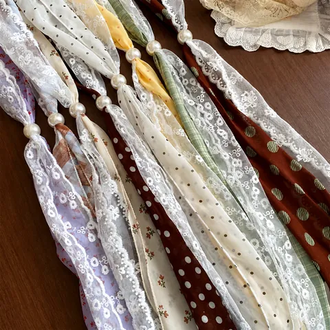 Koreaanse Stijl Kanten Bloem Stippen Zijden Sjaal Ketting Voor Dames Elegante Kunstparel Decoratieve Dubbellaagse Sjaalketting Sieraden