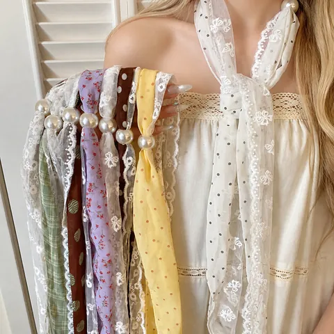 Koreaanse Stijl Kanten Bloem Stippen Zijden Sjaal Ketting Voor Dames Elegante Kunstparel Decoratieve Dubbellaagse Sjaalketting Sieraden