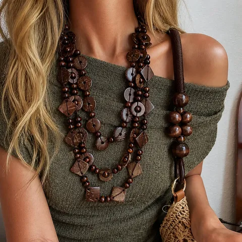 Bohemian Multilayer Coconut Shell Wood Beaded Necklace Ethnic Geometric Pendant Sweater Chain For Women Vintage Handmade Jewelry