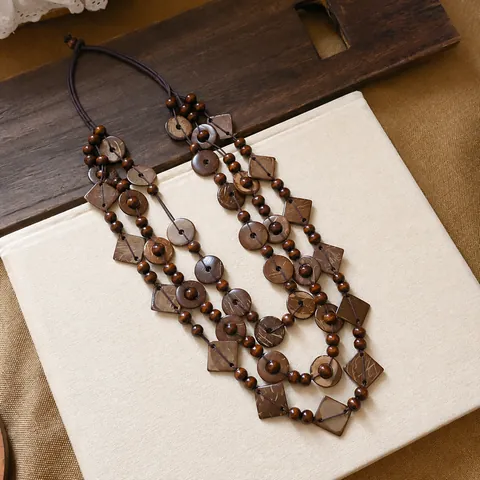 Bohemian Multilayer Coconut Shell Wood Beaded Necklace Ethnic Geometric Pendant Sweater Chain For Women Vintage Handmade Jewelry