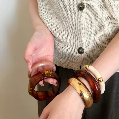 Brazalete Redondo De Resina Acrílica Vintage Pulsera Geométrica Mármol Sol Patrón Puño Elegante Ornamento De Muñeca Para Mujer Fiesta Regalo