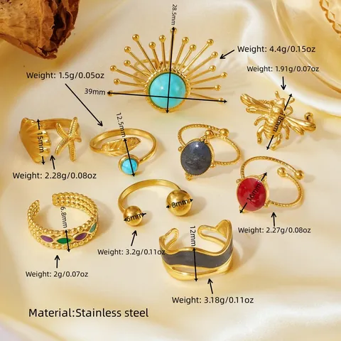 Bague Ouverte Vintage en Acier Titane Plaqué Or PVD pour Femme Imperméable Acier Inoxydable Coquille Étoile de Mer Abeille Tournesol Bague Réglable
