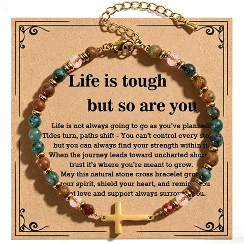 Natural Stone Cross Pendant Beaded Bracelet African Turquoise Picture Jasper Crystal Inspirational Card Religious Jewelry Gift For Women