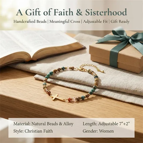 Natural Stone Cross Pendant Beaded Bracelet African Turquoise Picture Jasper Crystal Inspirational Card Religious Jewelry Gift For Women