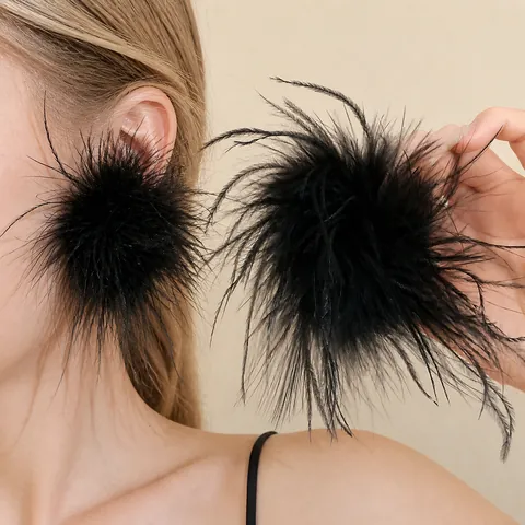 Black Feather Flower Stud Earrings With Silver Earring Post Fluffy Large Handmade Niche Style Fashion Earrings For Women