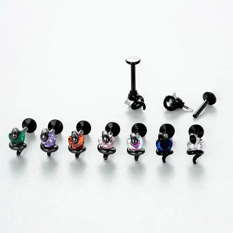 Retro Snake Zirconia Heart Titanium Steel Cartilage Stud Earring Internally Threaded Labret Black Punk Jewelry For Women